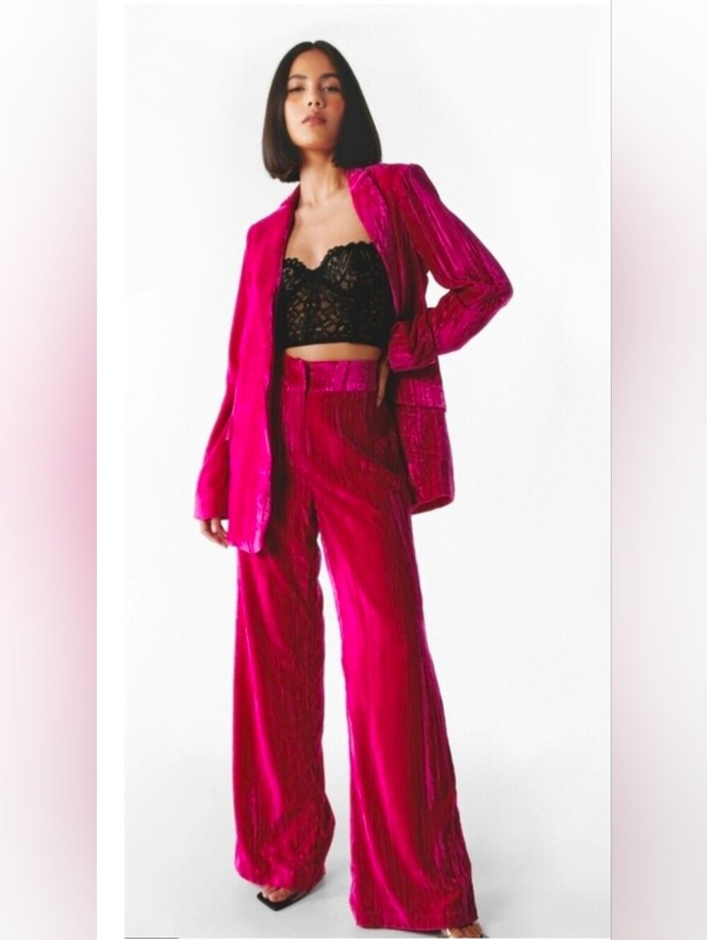 Nasty Gal Hot Pink Velvet Wide-Leg Trousers